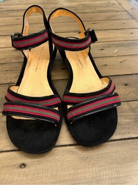 Marc Jacobs Black Suede Sandals with Red and Green Striped Webbing - 8.5